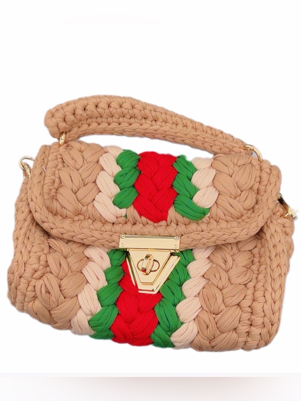 Handmade Crochet Satchel Bag Beige Red Green Boutique Purse